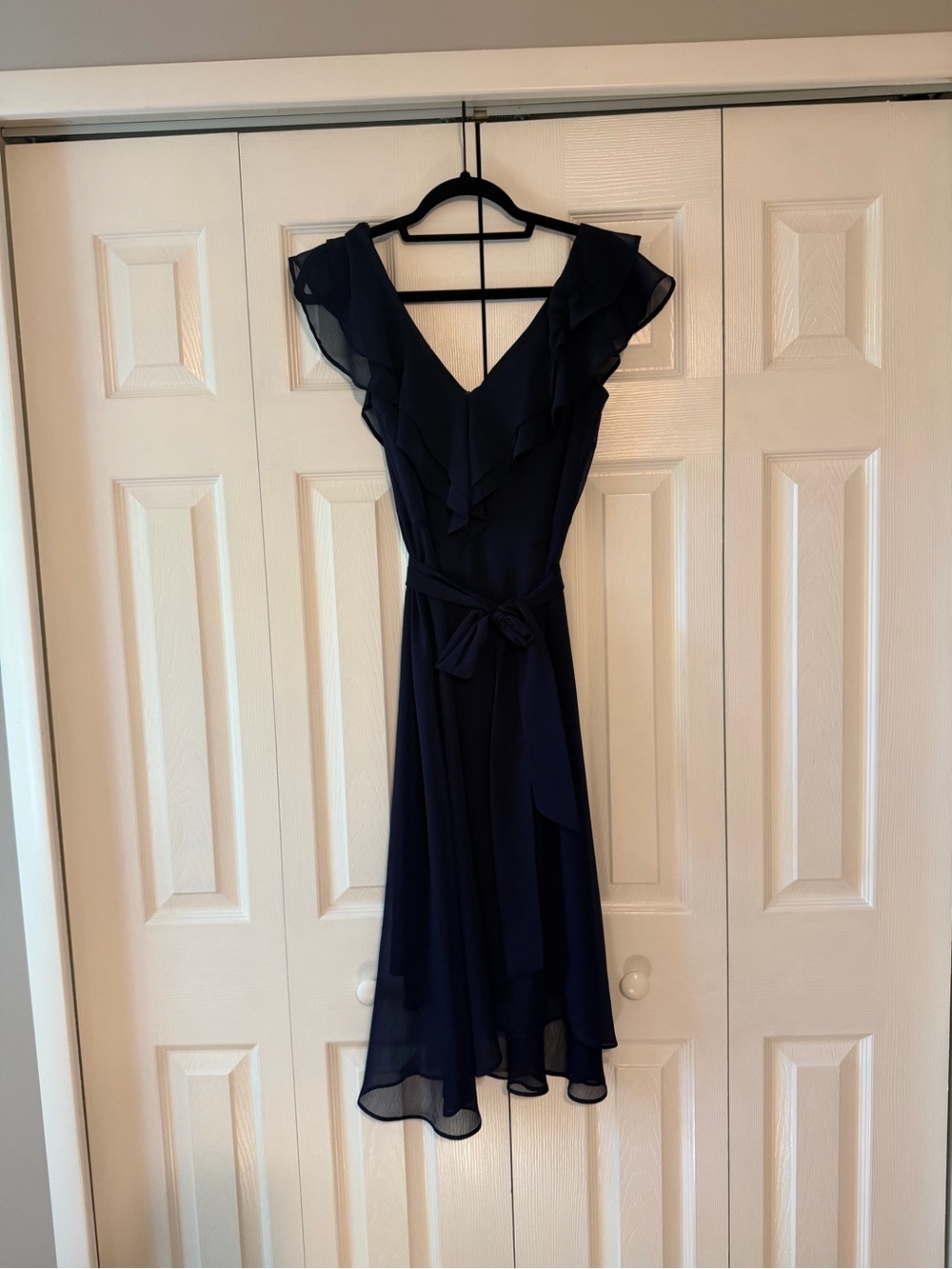 DKNY Navy Ruffle V-Neck Midi Wrap Dress